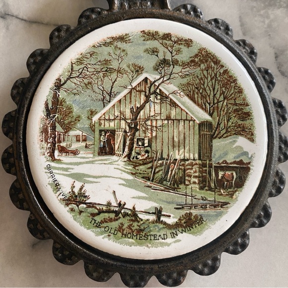 Vintage Currier & Ives Cast Iron and Tile Trivet - Picture 2 of 6